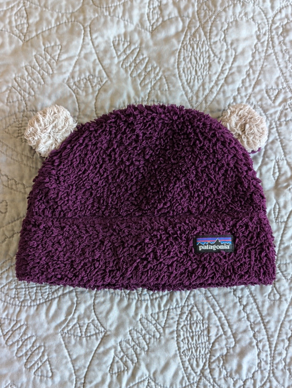 Patagonia Kids Plush Beanie in Deep Purple with Cream Ear Accents